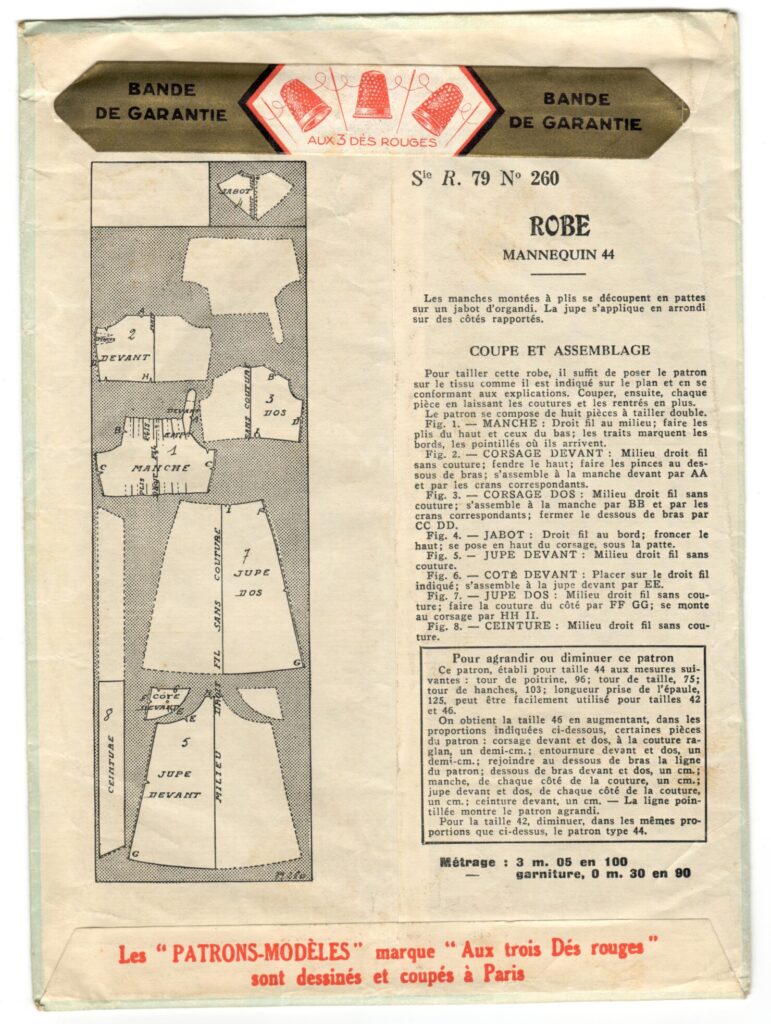 Back of a sewing pattern enveloppe by the french brand Patron-Modèle