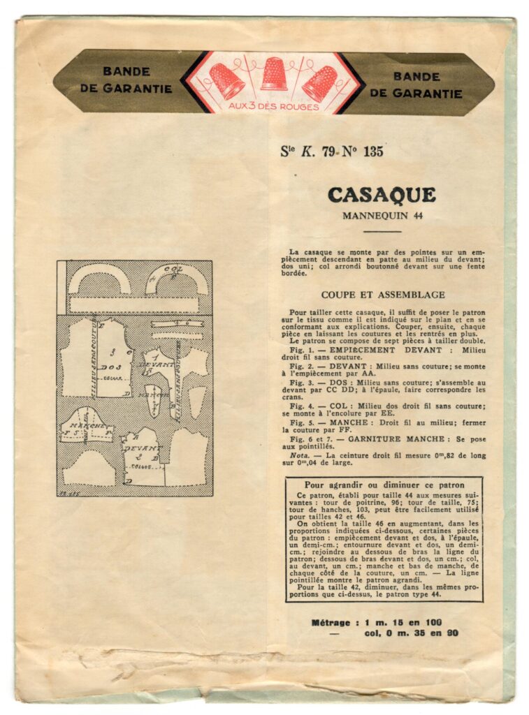 Back of a sewing pattern enveloppe by the french brand Patron-Modèle