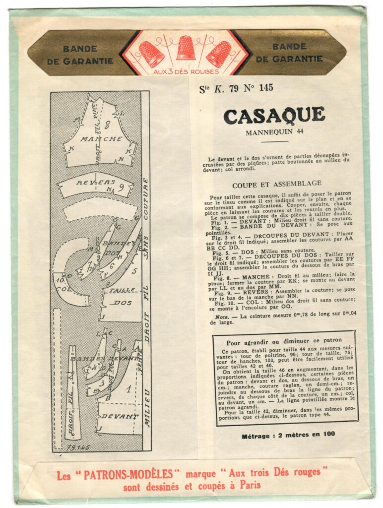 Back of a sewing pattern enveloppe by the french brand Patron-Modèle