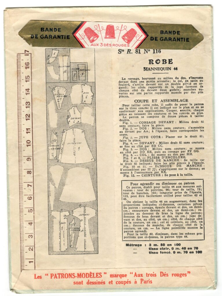 Back of a sewing pattern enveloppe by the french brand Patron-Modèle