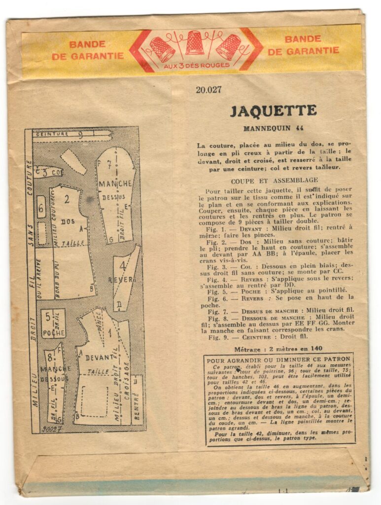 Back of a sewing pattern enveloppe by the french brand Patron-Modèle