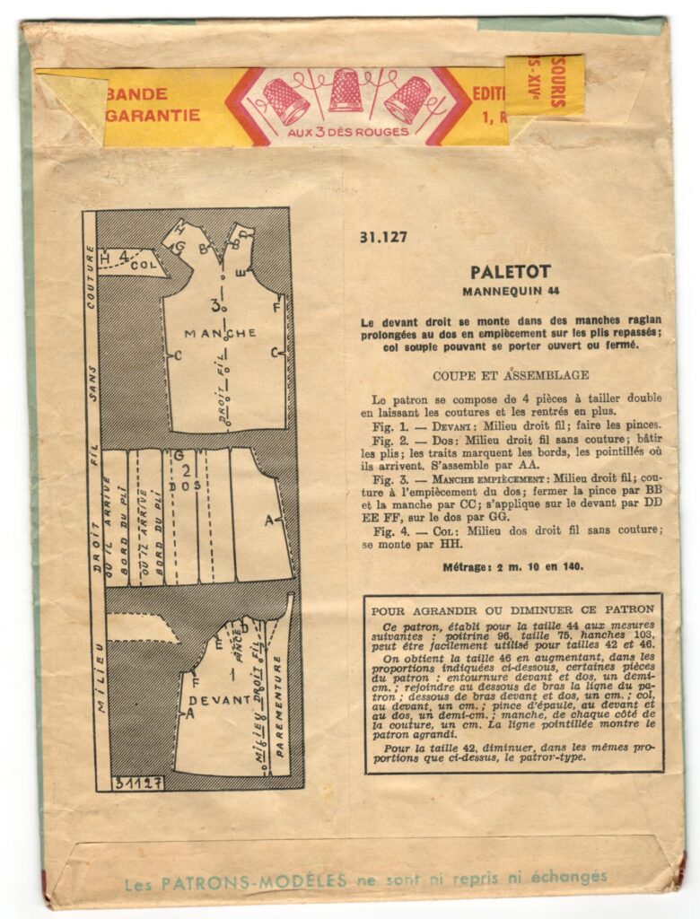 Back of a sewing pattern enveloppe by the french brand Patron-Modèle