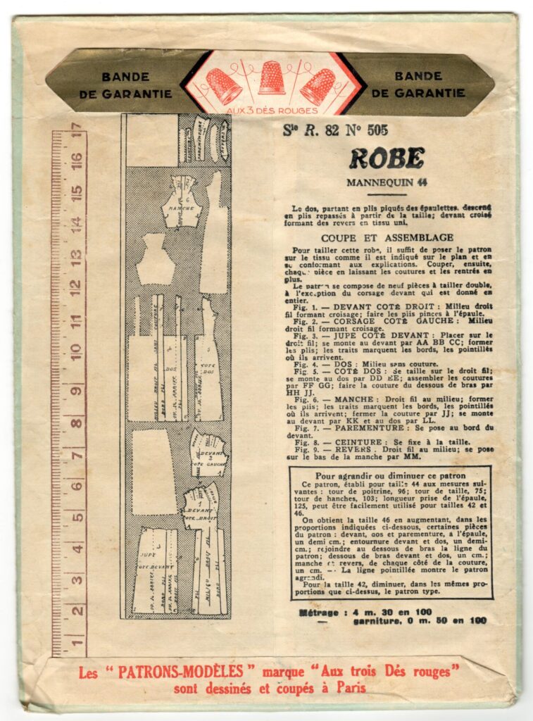 Back of a sewing pattern enveloppe by the french brand Patron-Modèle