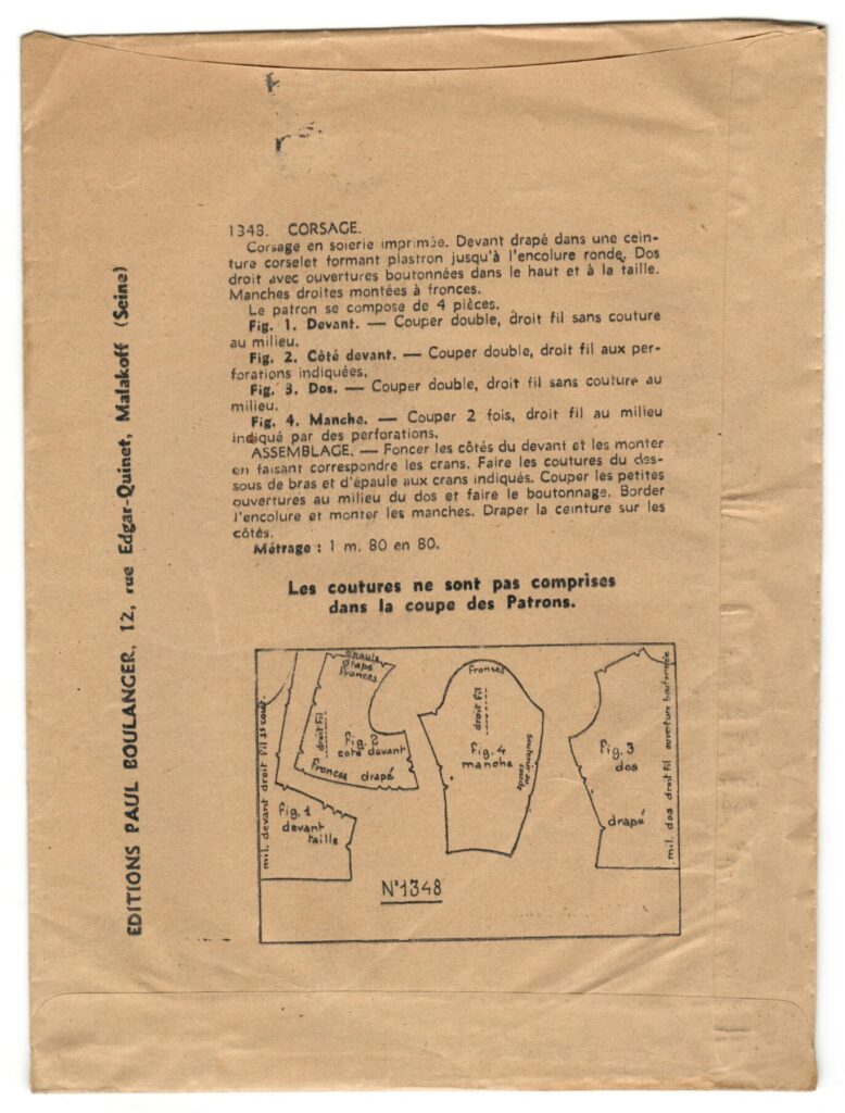 Back of a sewing pattern enveloppe by the french brand Les Patrons Nouveautés