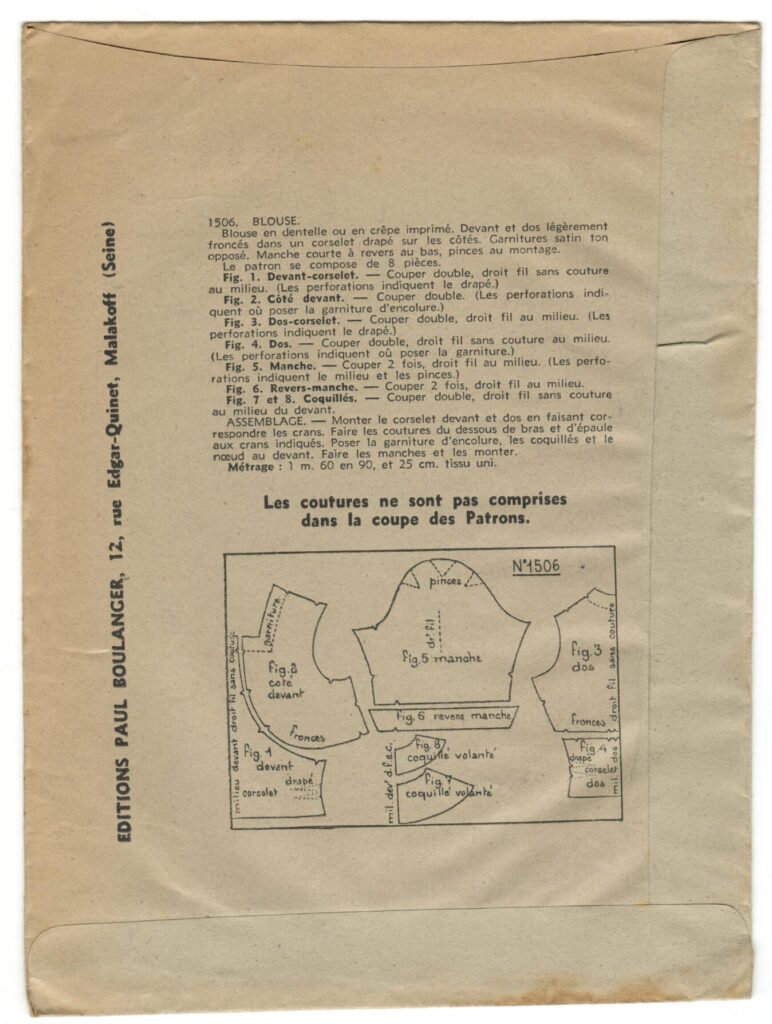 Back of a sewing pattern enveloppe by the french brand Les Patrons Nouveautés
