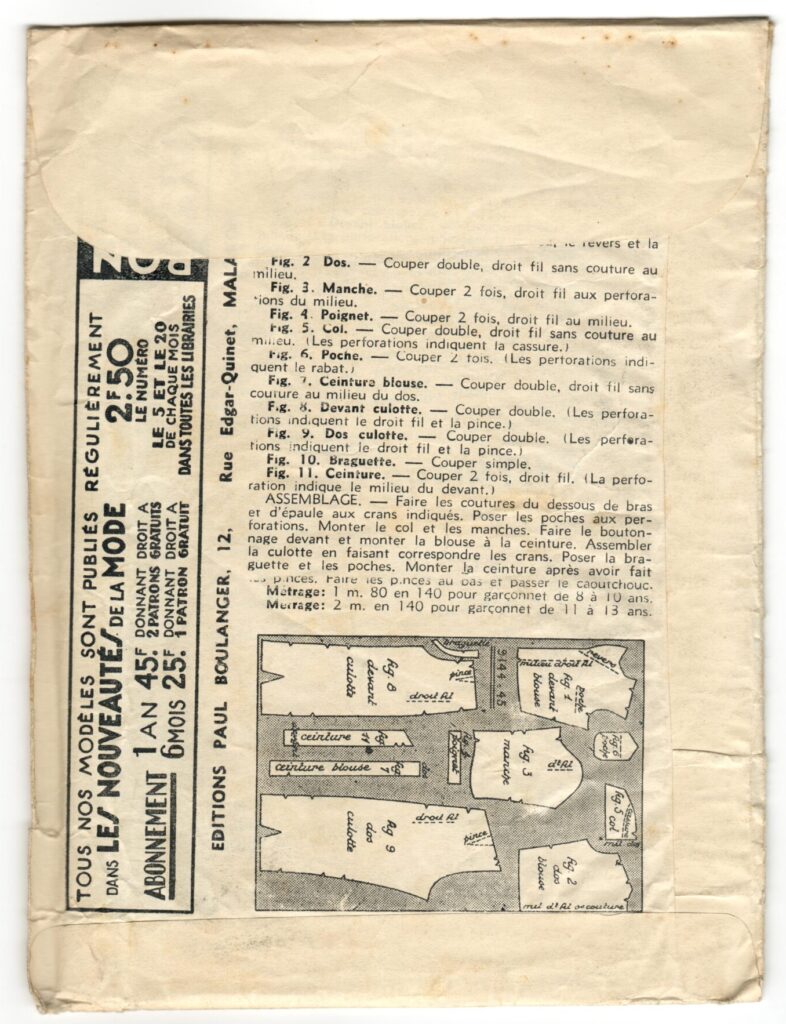 Back of a sewing pattern enveloppe by the french brand Les Patrons Nouveautés