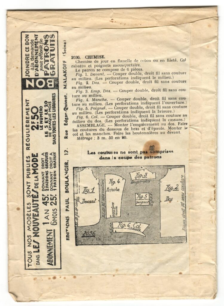 Back of a sewing pattern enveloppe by the french brand Les Patrons Nouveautés