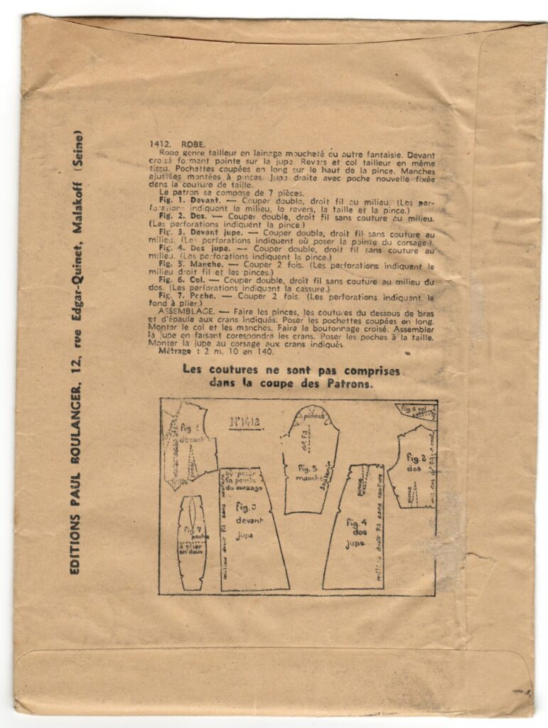 Back of a sewing pattern enveloppe by the french brand Les Patrons Nouveautés