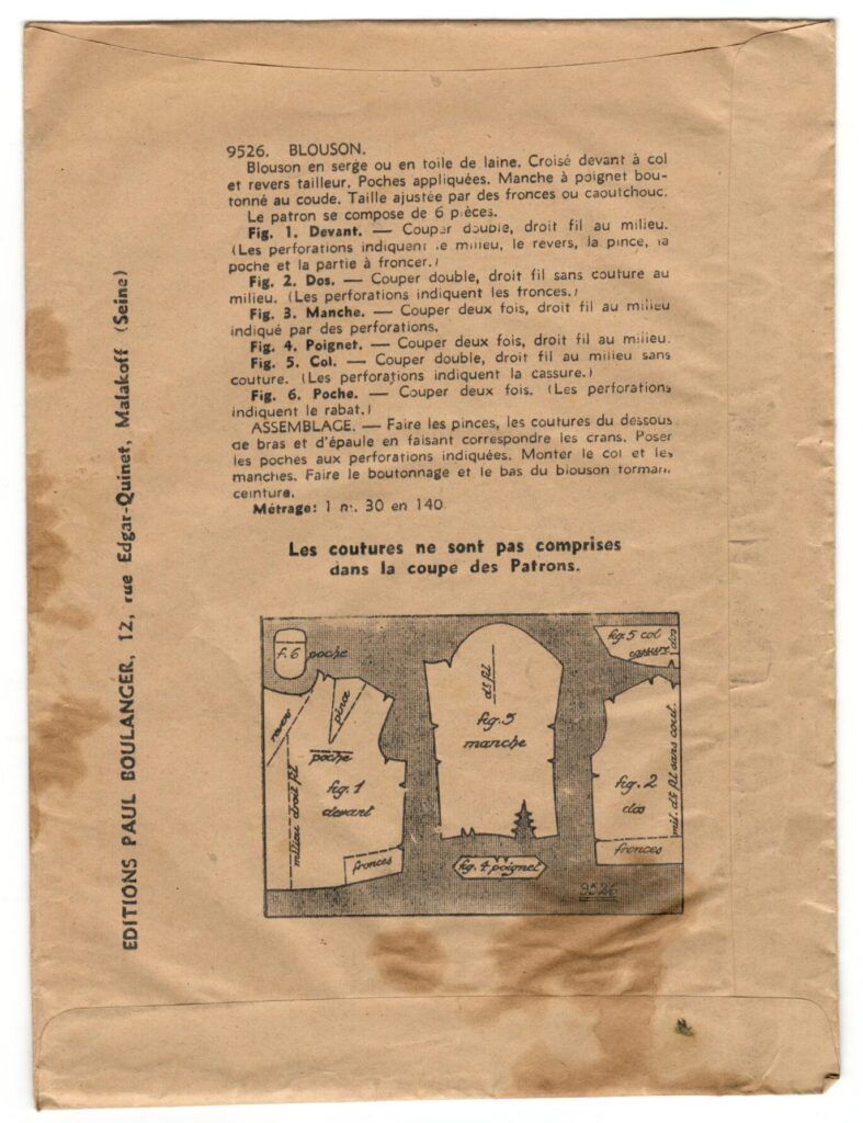 Back of a sewing pattern enveloppe by the french brand Les Patrons Nouveautés