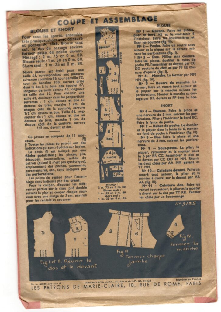 Back of a sewing pattern enveloppe by the french brand Les Patrons de Marie-Claire