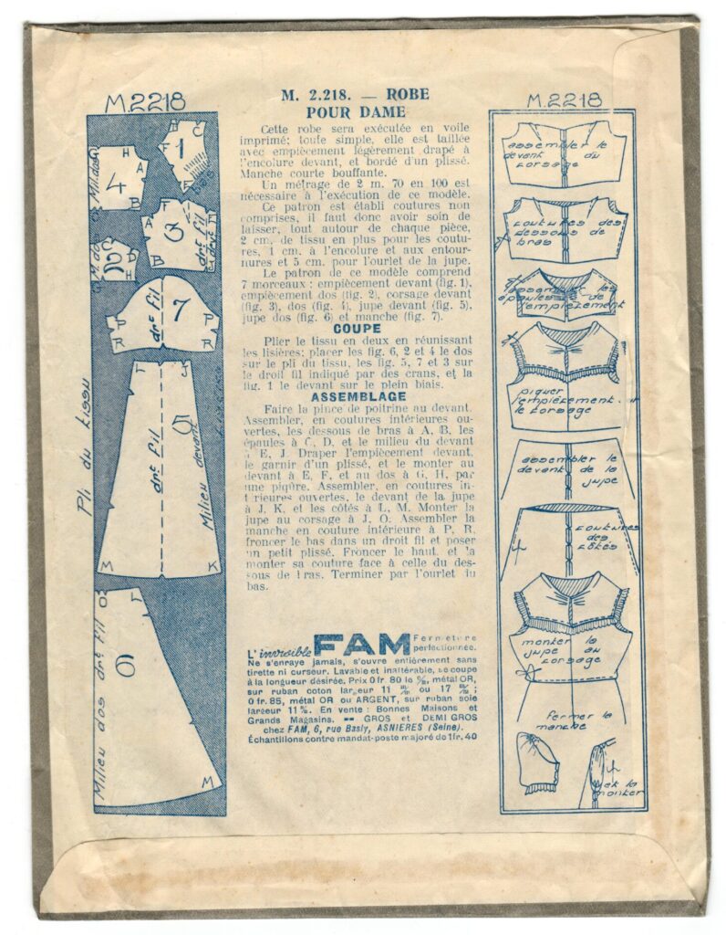 Back of a sewing pattern enveloppe by the french brand Les Patrons Minerve