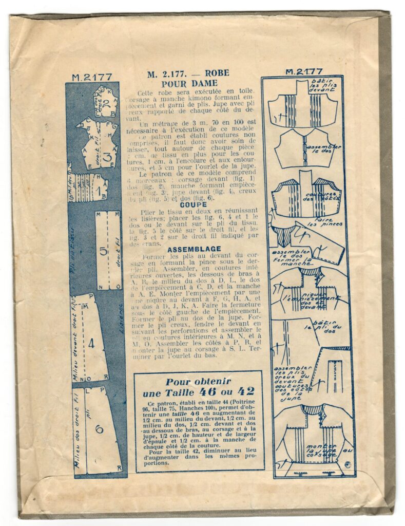 Back of a sewing pattern enveloppe by the french brand Les Patrons Minerve