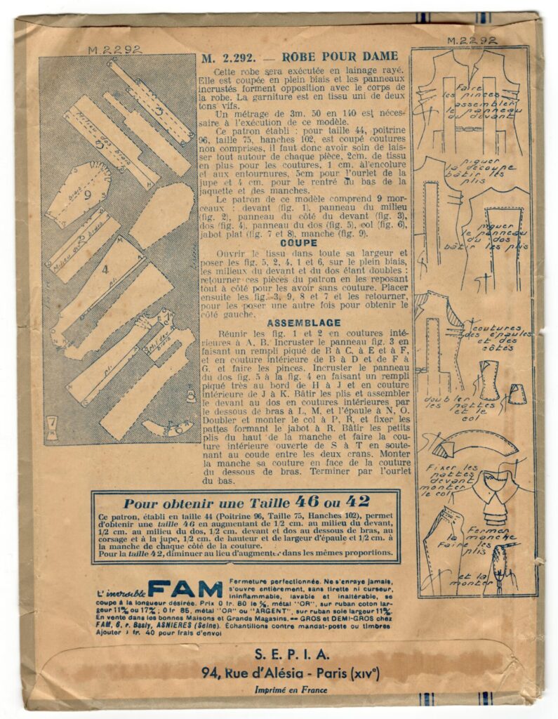 Back of a sewing pattern enveloppe by the french brand Les Patrons Minerve