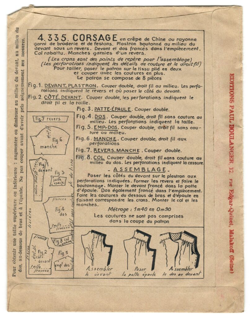 Back of a sewing pattern enveloppe by the french brand Les Patrons Nouveautés
