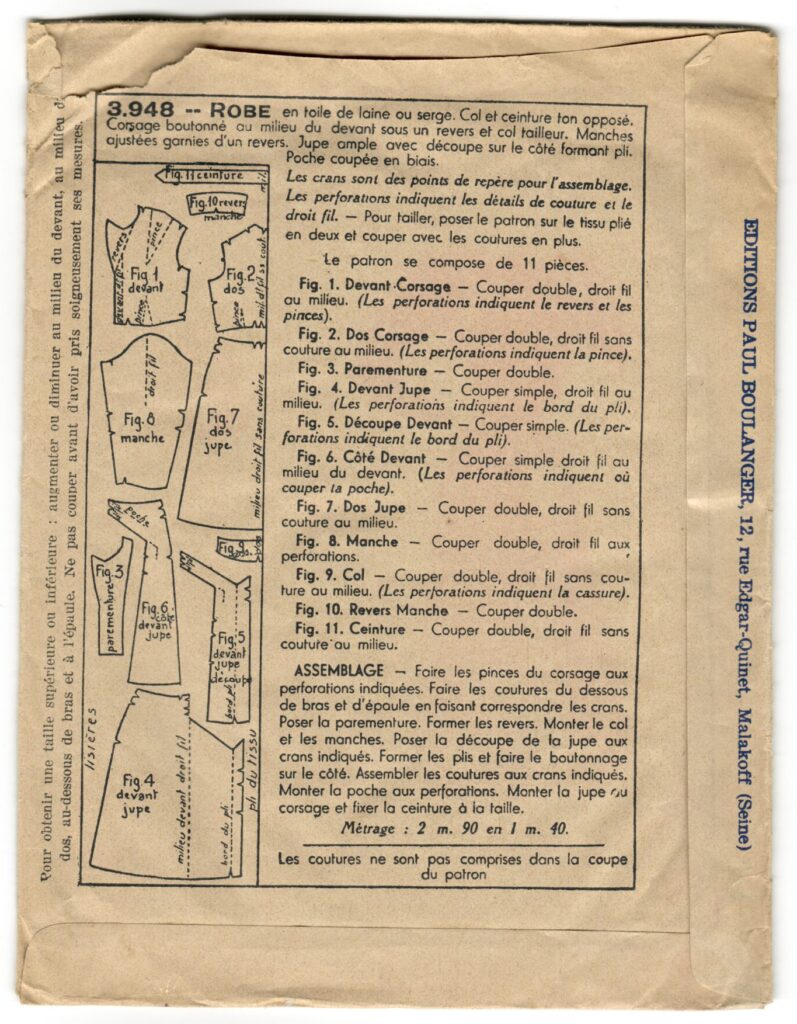 Back of a sewing pattern enveloppe by the french brand Les Patrons Nouveautés