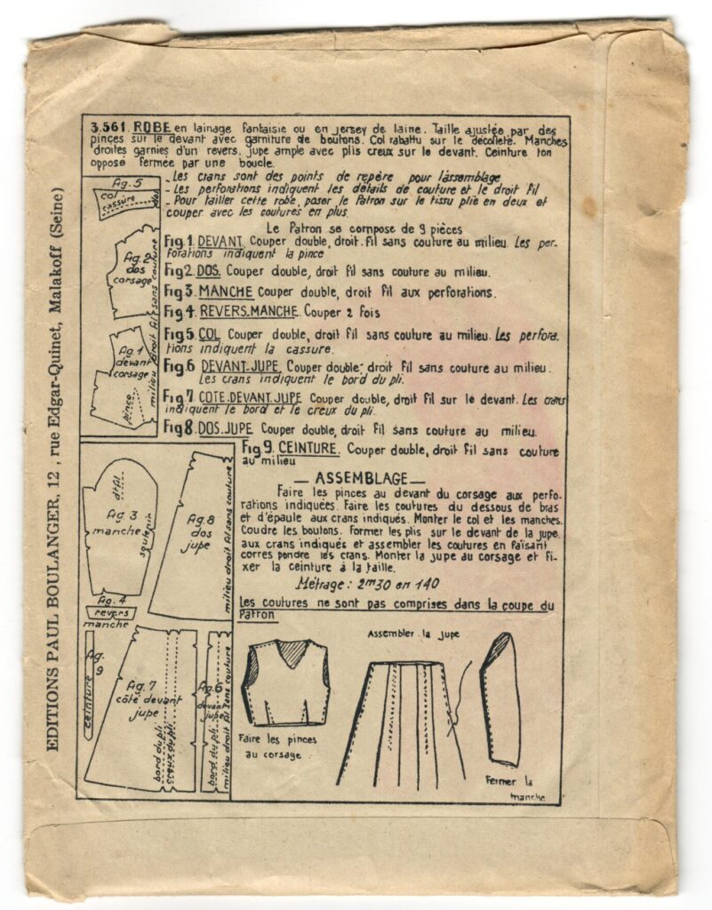 Back of a sewing pattern enveloppe by the french brand Les Patrons Nouveautés