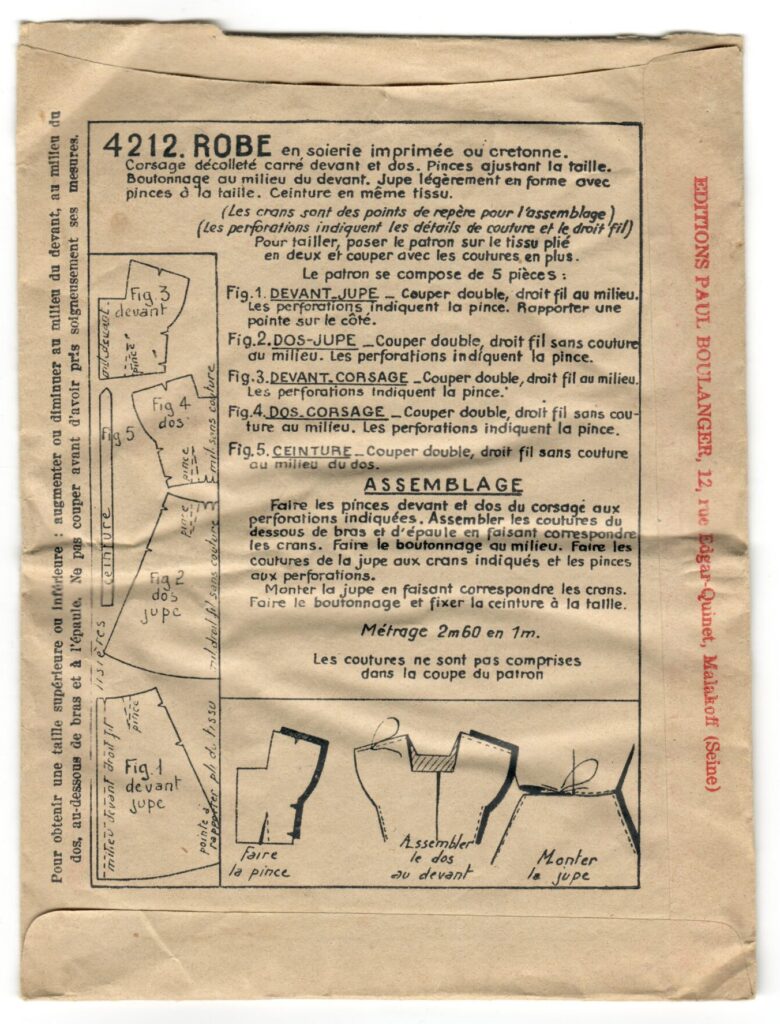 Back of a sewing pattern enveloppe by the french brand Les Patrons Nouveautés