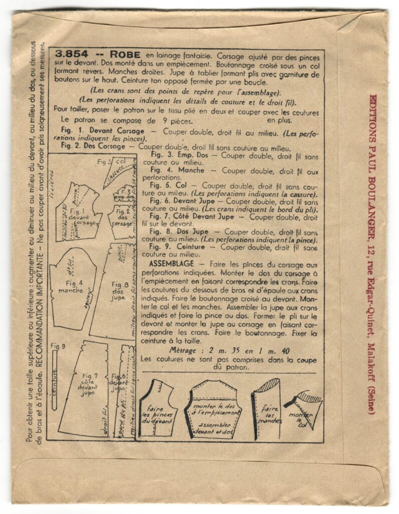 Back of a sewing pattern enveloppe by the french brand Les Patrons Nouveautés