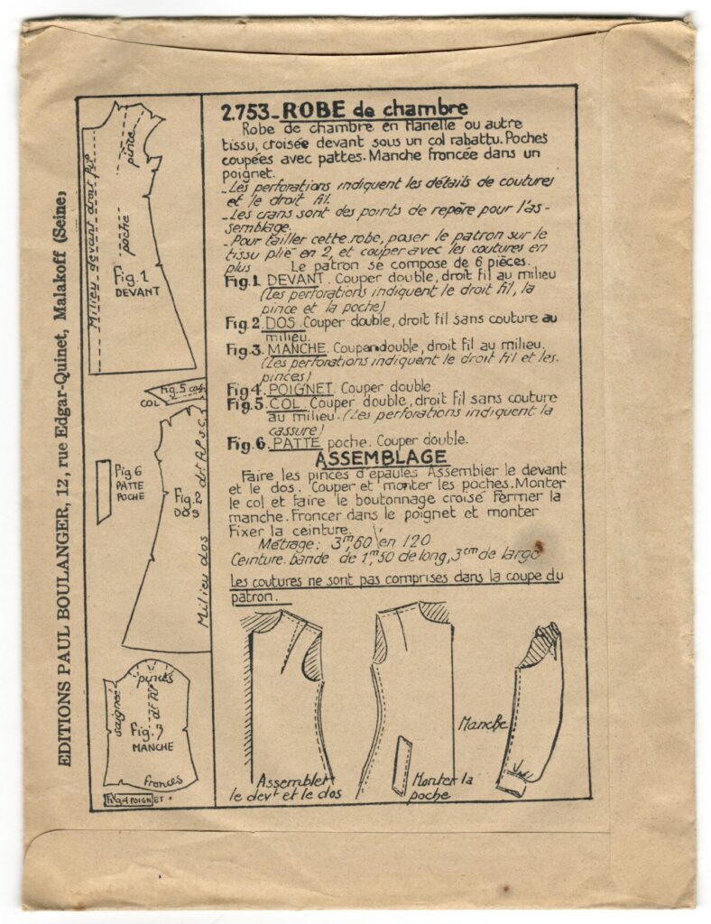 Back of a sewing pattern enveloppe by the french brand Les Patrons Nouveautés