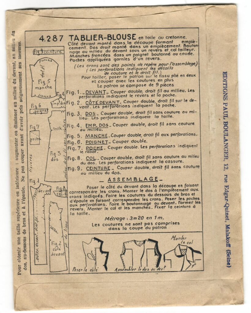 Back of a sewing pattern enveloppe by the french brand Les Patrons Nouveautés