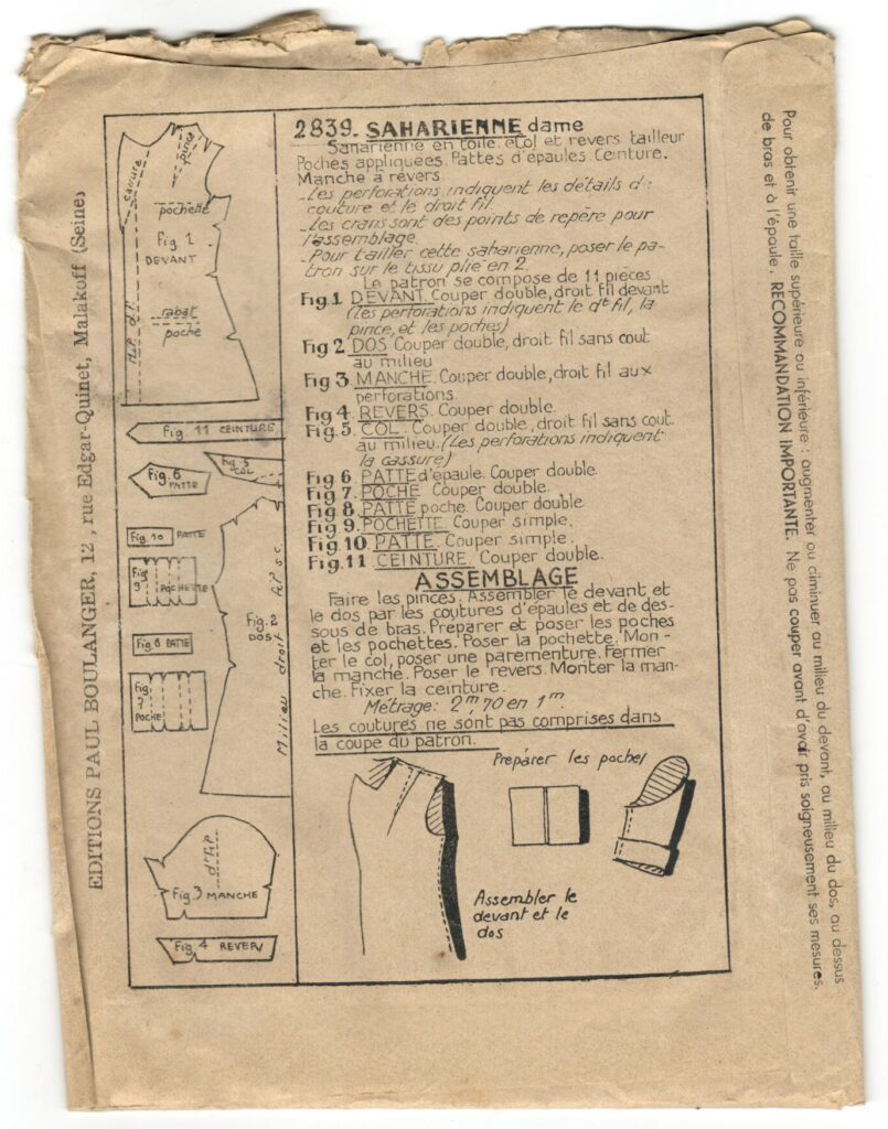 Back of a sewing pattern enveloppe by the french brand Les Patrons Nouveautés