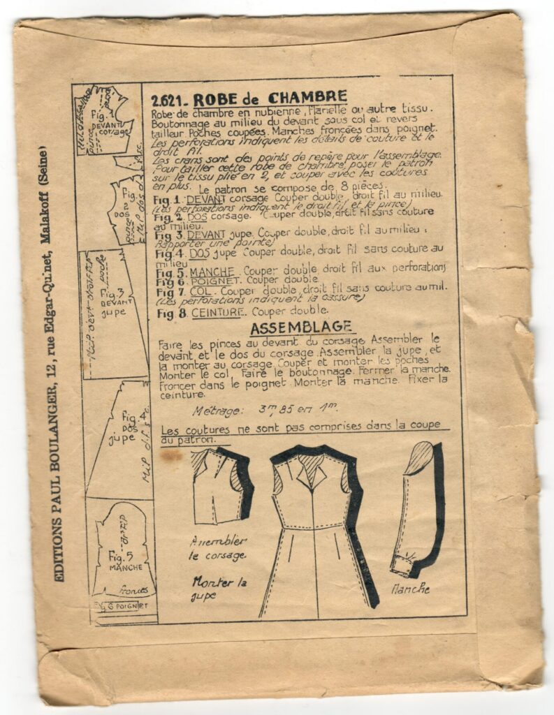 Back of a sewing pattern enveloppe by the french brand Les Patrons Nouveautés