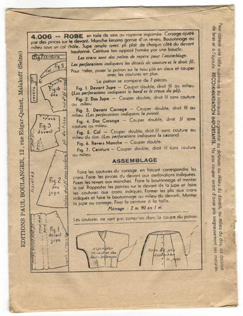 Back of a sewing pattern enveloppe by the french brand Les Patrons Nouveautés