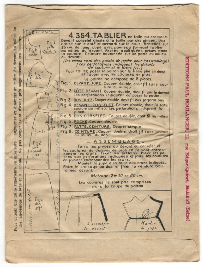 Back of a sewing pattern enveloppe by the french brand Les Patrons Nouveautés