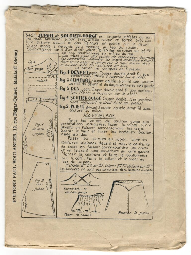 Back of a sewing pattern enveloppe by the french brand Les Patrons Nouveautés