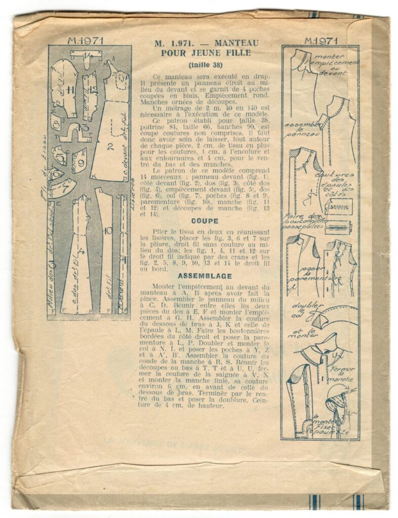 Back of a sewing pattern enveloppe by the french brand Les Patrons Minerve