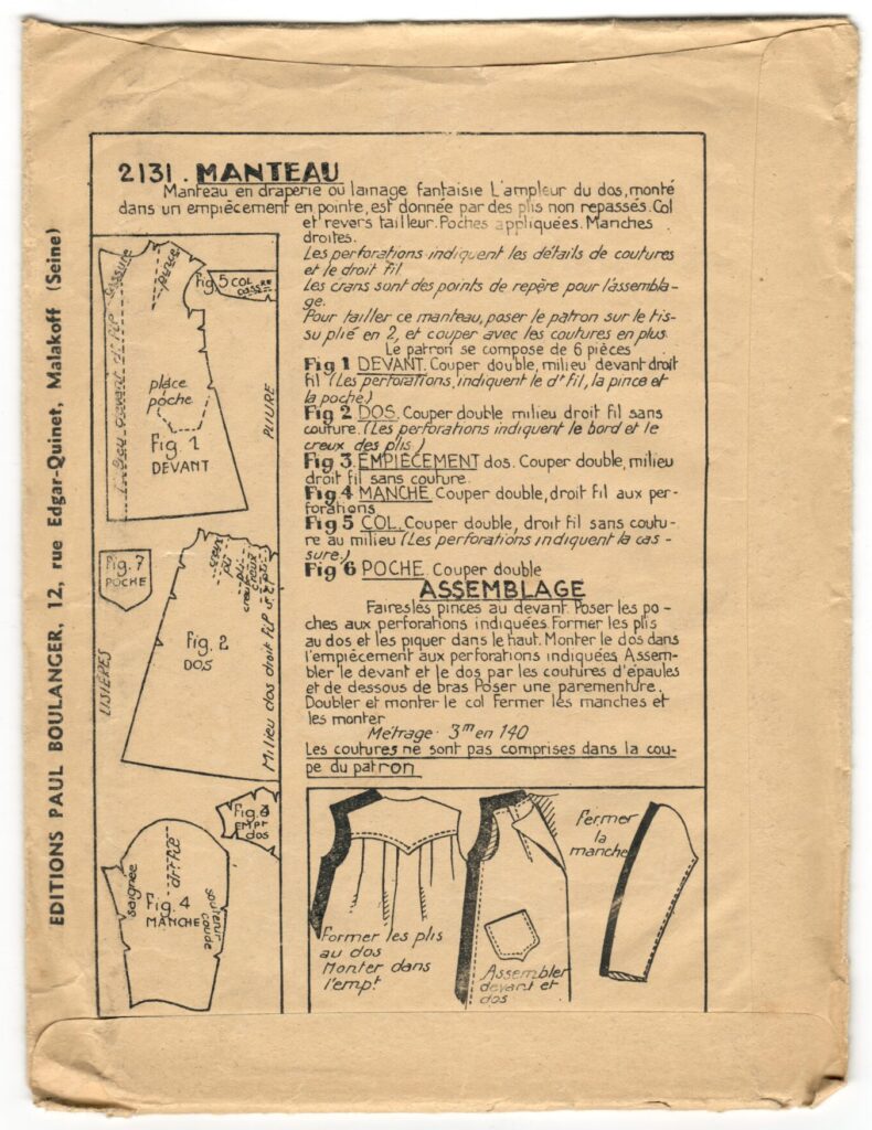 Back of a sewing pattern enveloppe by the french brand Les Patrons Nouveautés