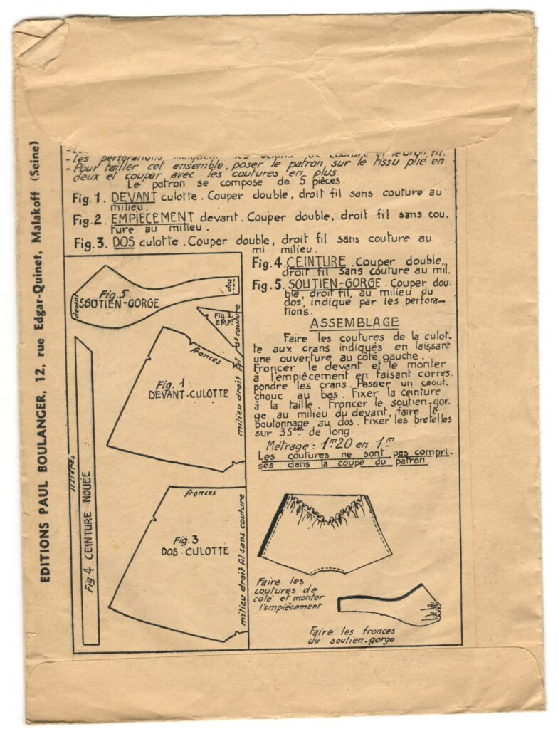 Back of a sewing pattern enveloppe by the french brand Les Patrons Nouveautés