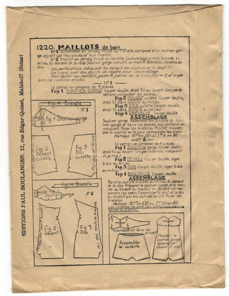 Back of a sewing pattern enveloppe by the french brand Les Patrons Nouveautés