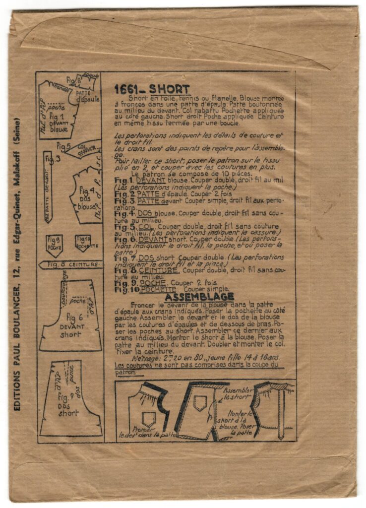 Back of a sewing pattern enveloppe by the french brand Les Patrons Nouveautés