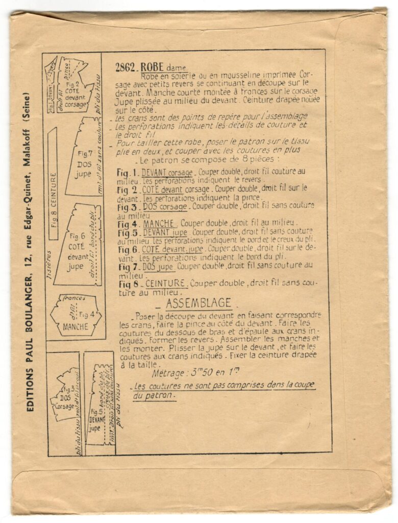 Back of a sewing pattern enveloppe by the french brand Les Patrons Nouveautés