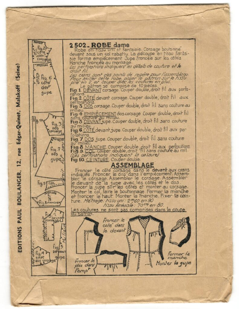 Back of a sewing pattern enveloppe by the french brand Les Patrons Nouveautés