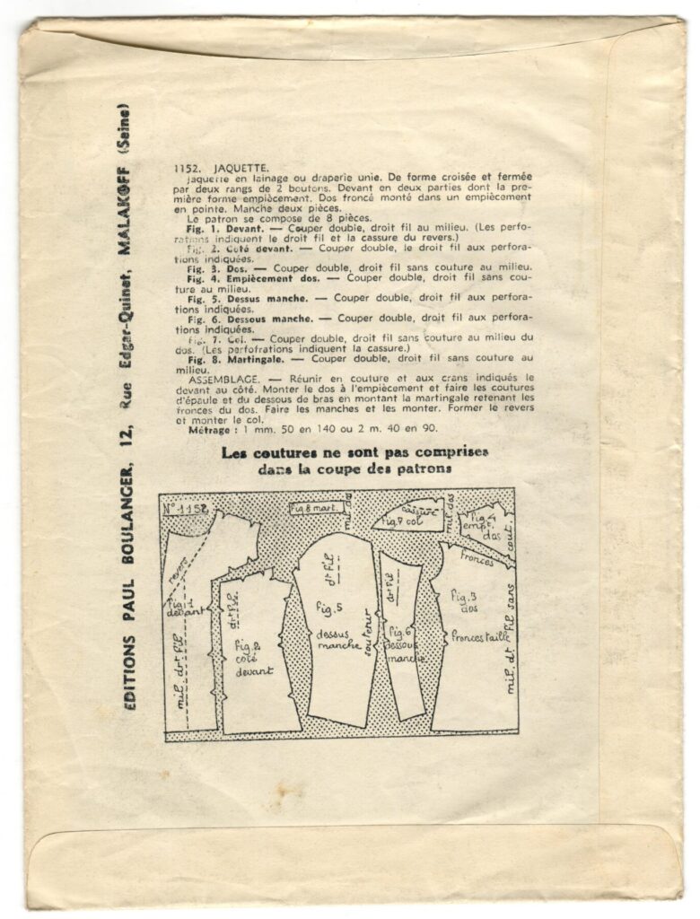 Back of a sewing pattern enveloppe by the french brand Les Patrons Nouveautés