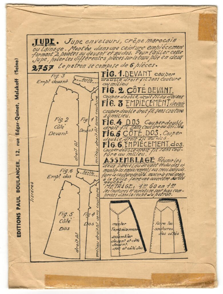 Back of a sewing pattern enveloppe by the french brand Les Patrons Nouveautés