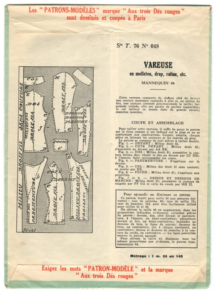 Back of a sewing pattern enveloppe by the french brand Patron-Modèle