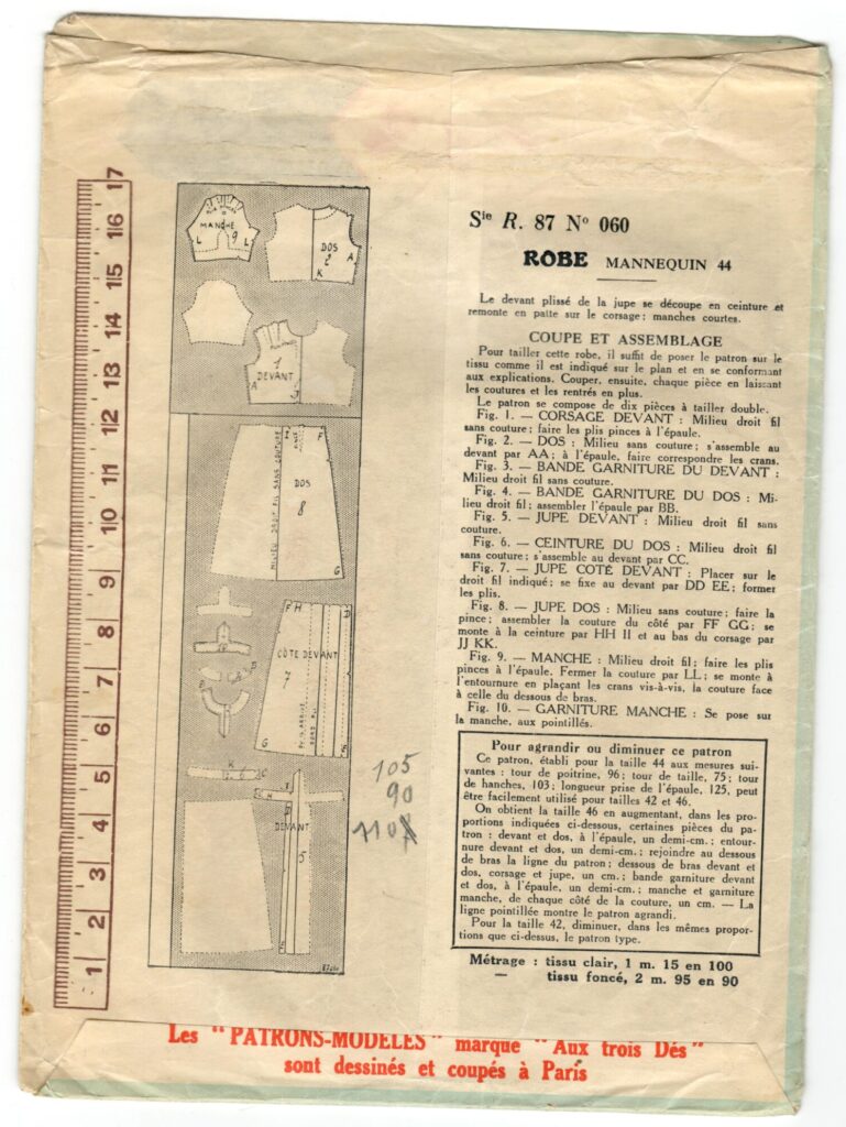 Back of a sewing pattern enveloppe by the french brand Patron-Modèle