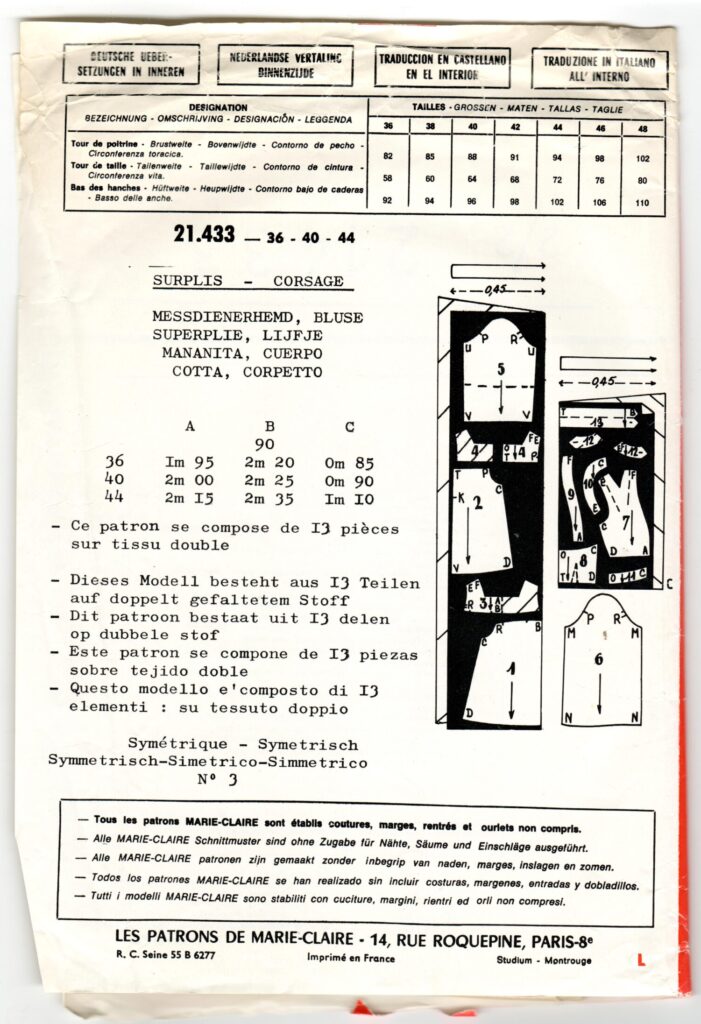 Front of a sewing pattern enveloppe by the french brand Marie-Claire