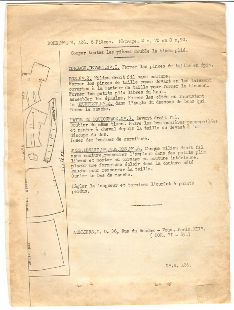 Back of a sewing pattern enveloppe by the french brand Allure de Paris