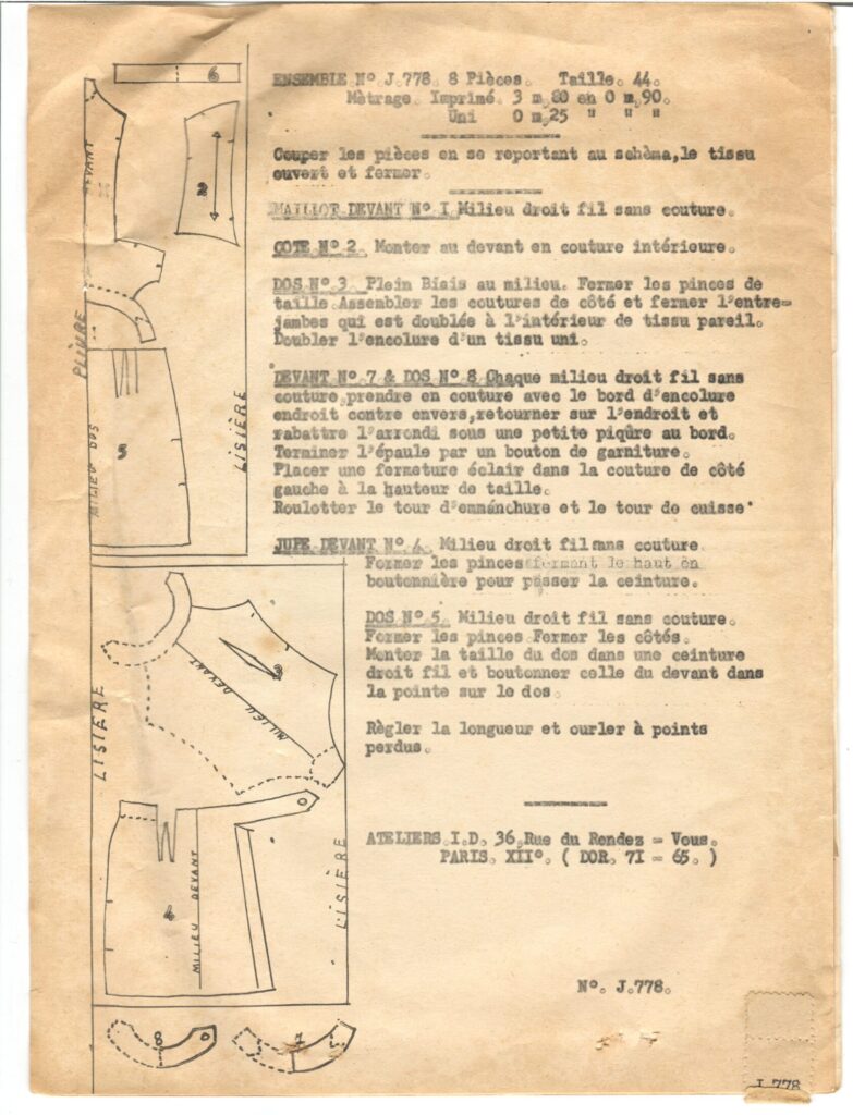 Back of a sewing pattern enveloppe by the french brand Allure de Paris