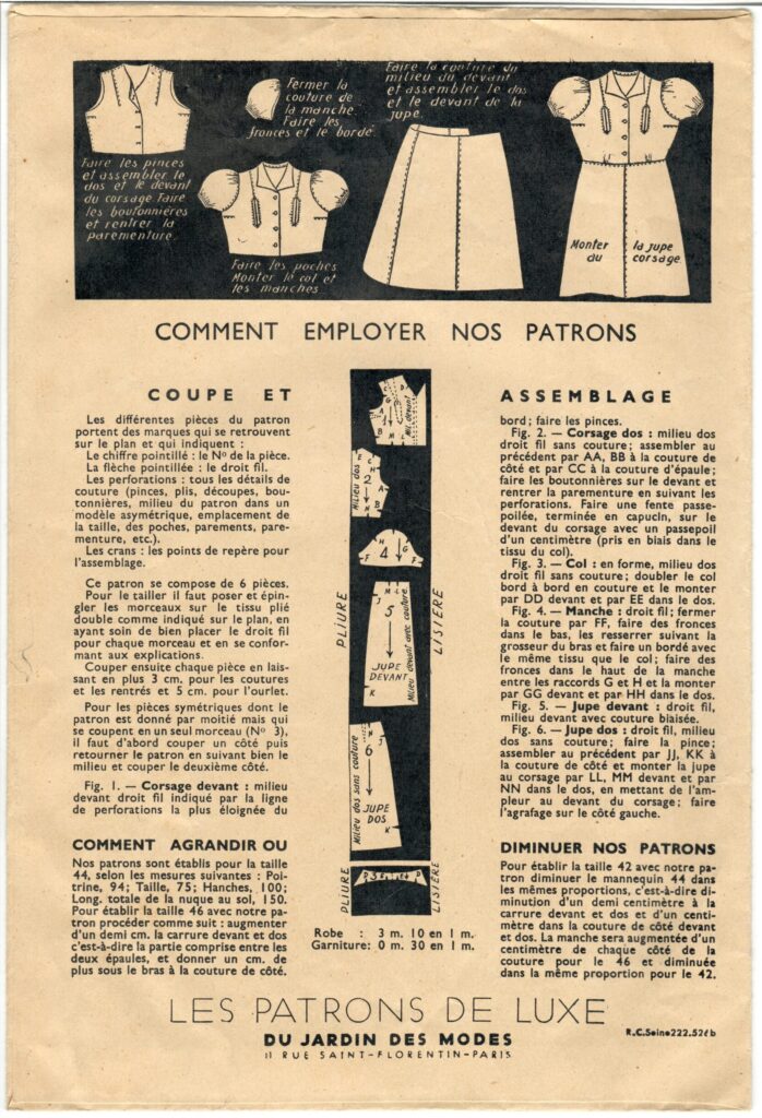 Back of a sewing pattern enveloppe by the french brand Les Patrons de Luxe