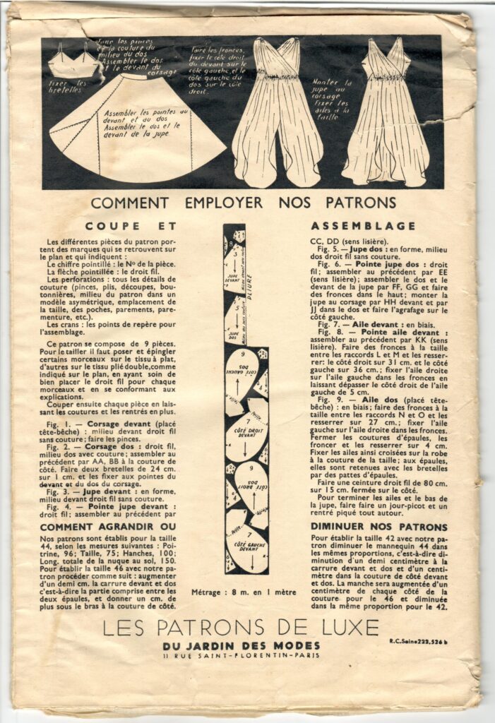 Back of a sewing pattern enveloppe by the french brand Les Patrons de Luxe