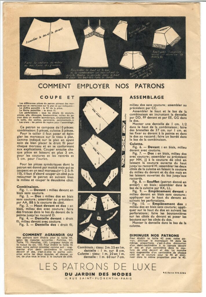 Back of a sewing pattern enveloppe by the french brand Les Patrons de Luxe