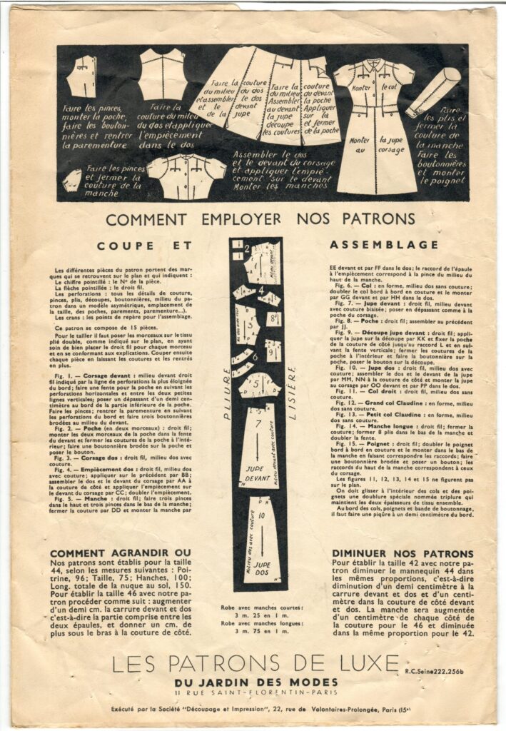 Back of a sewing pattern enveloppe by the french brand Les Patrons de Luxe