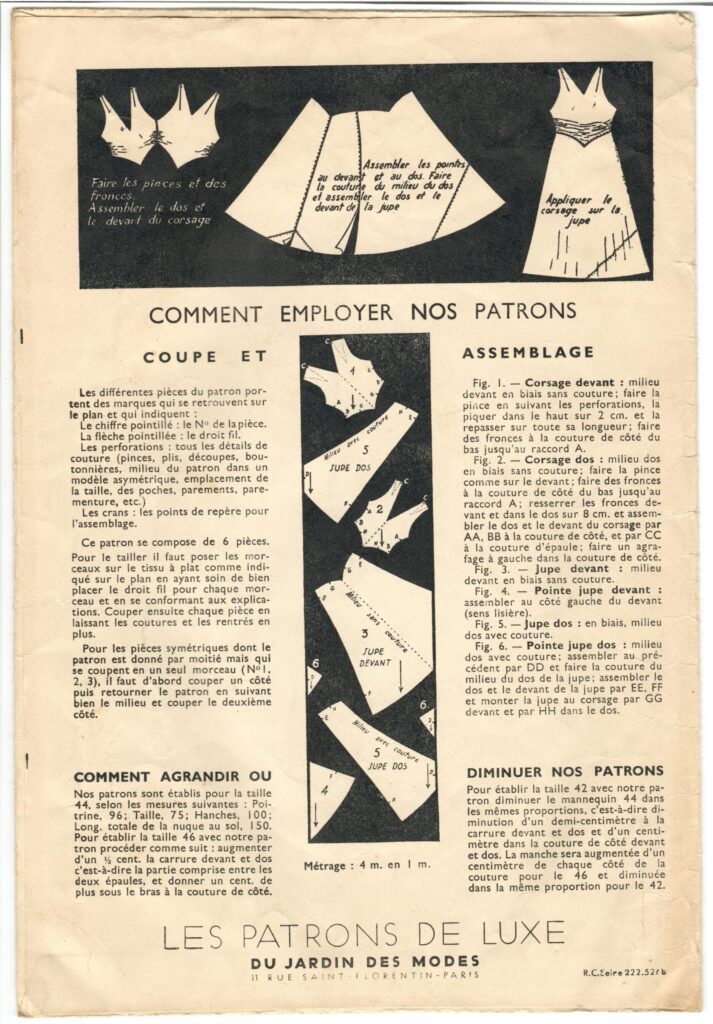 Back of a sewing pattern enveloppe by the french brand Les Patrons de Luxe