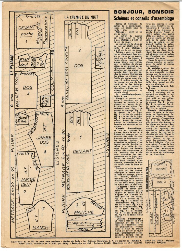 Back of a sewing pattern by the french magazine Modes de Paris