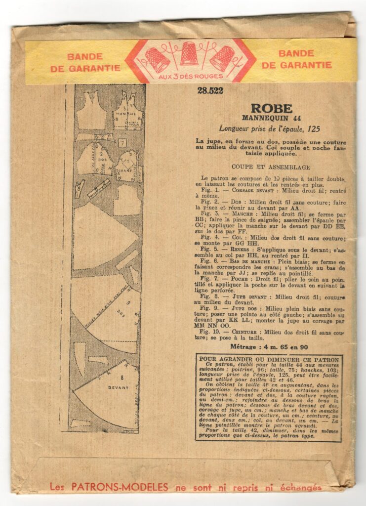 Back of a sewing pattern enveloppe by the french brand Patron-Modèle